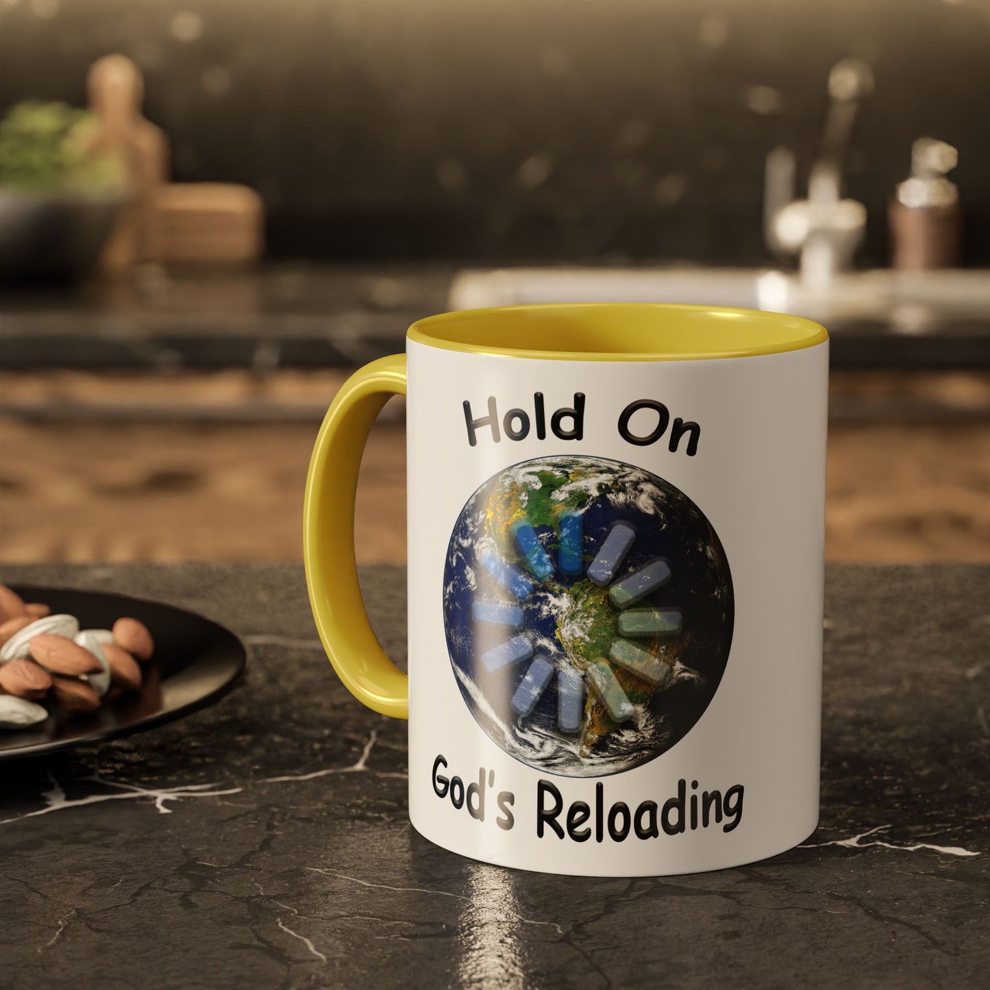 Inspirational Mug — "Hold On God's Reloading" Earth Design (11oz & 15oz)