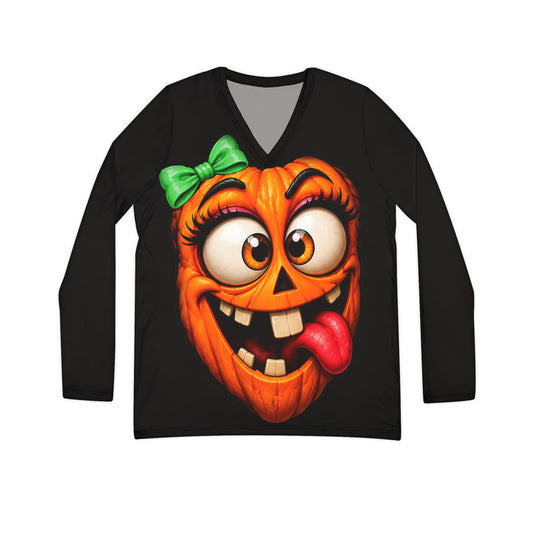 Women's Halloween Pumpkin Face Long Sleeve V-Neck Shirt