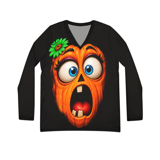Women's Halloween Pumpkin Face Long Sleeve V-Neck Shirt
