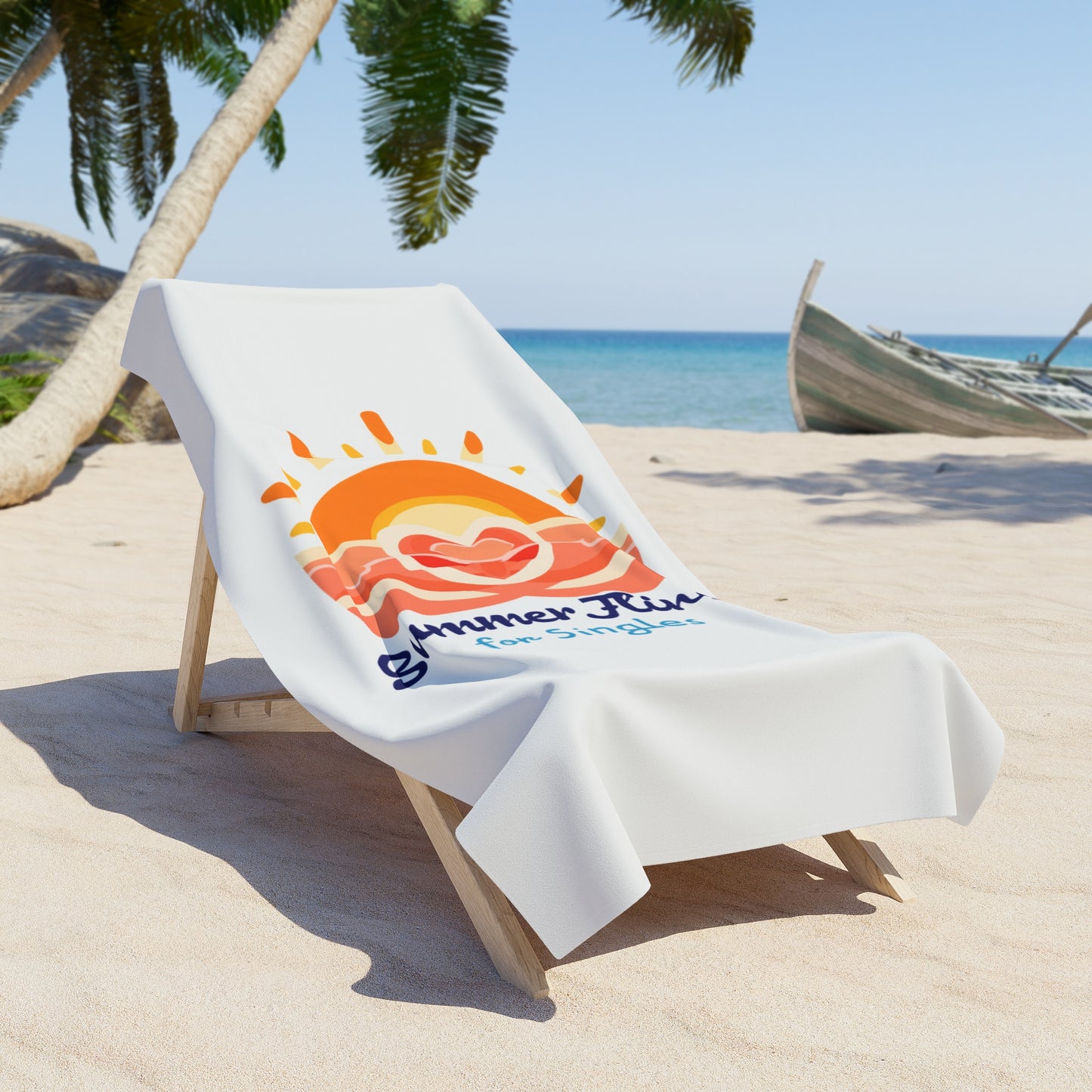 "Summer Fling for Singles" Retro Sunset Heart Beach Towel